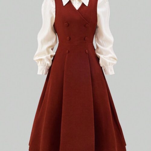 Set de 1 (Blusa + Vestido) Elegante blusa de manga larga con cuello y vestido informal de tela tejida sin mangas hasta la pantorrilla para niñas adolescentes Vestido
