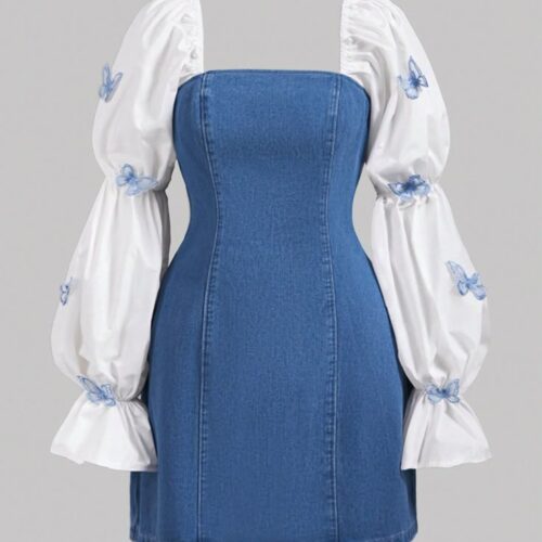 shein@v1@151 Vestido azul de mezclilla manga larga