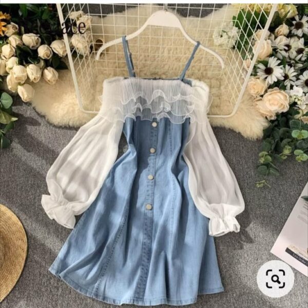 Vestido azul color mezclilla con mangas debajo de los hombros