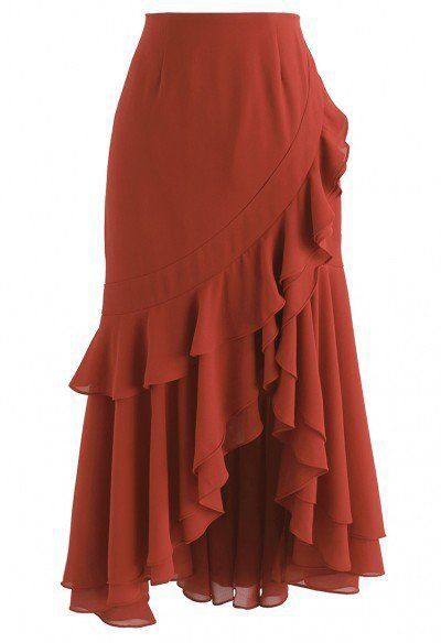 Falda larga con olanes terracota